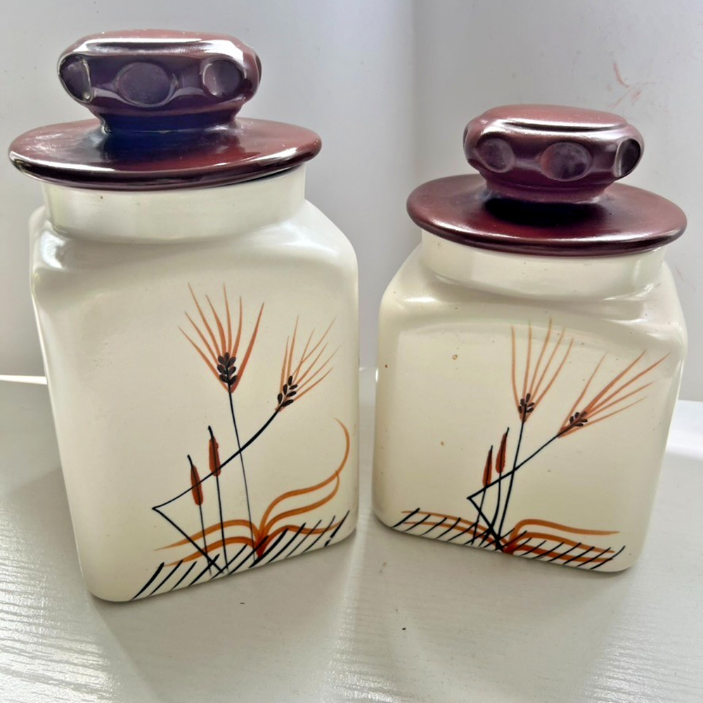 Vintage Ceramic Canister Set Wheat Design Brown Lids USA Kitchen Pair MCM 8-9in